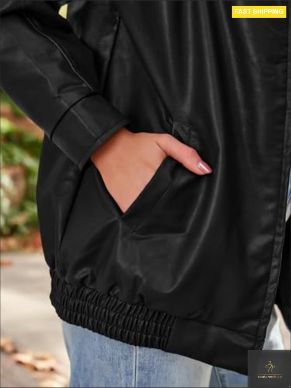 Oversized Faux Leather Motorcycle Jacket Y2K Punk Style Zipper Closure - Picture 5 of 5
